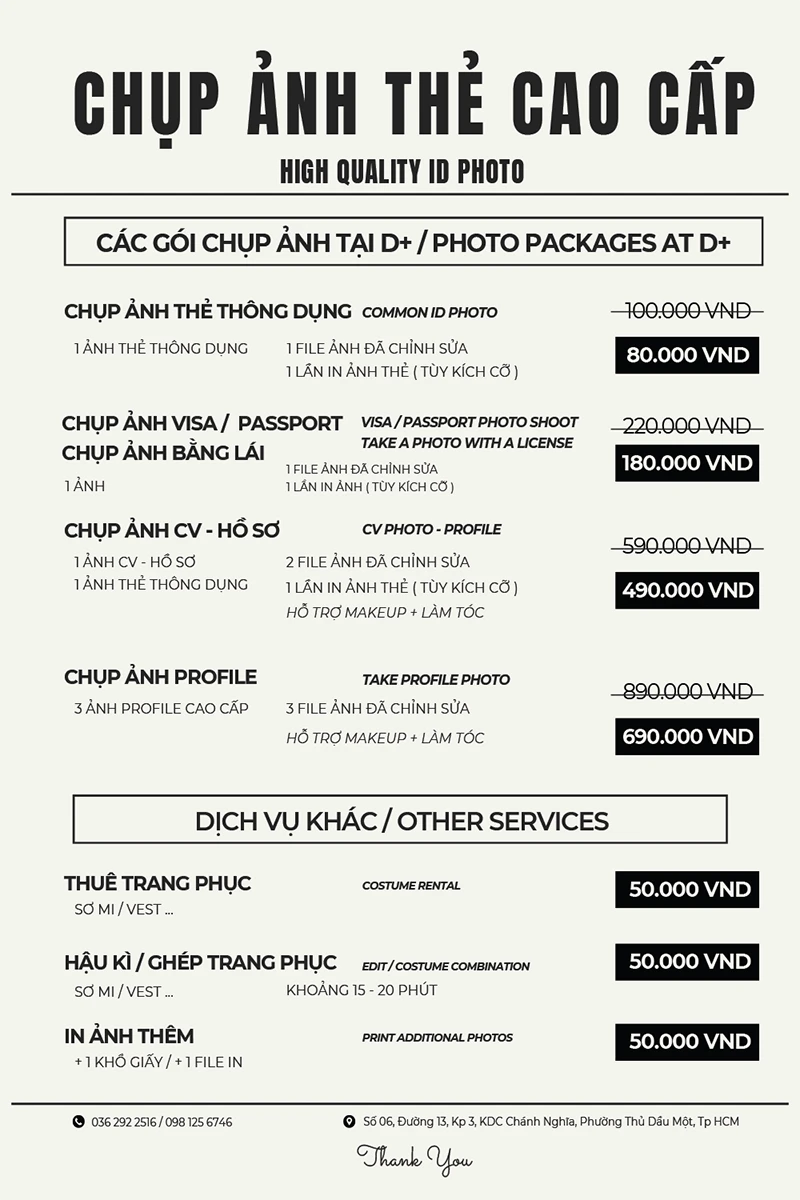 bảng giá chụp ảnh thẻ tại Thủ dầu Một Bình Dương
